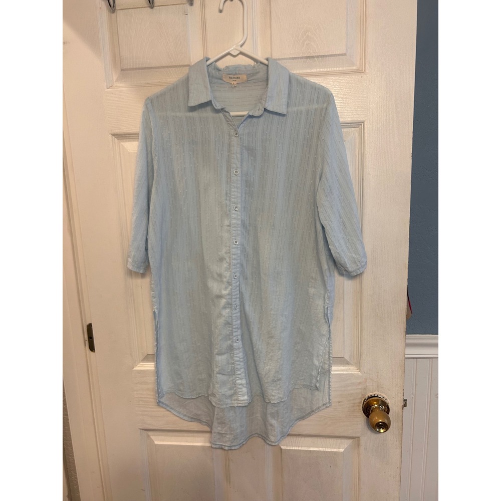 Solitaire Swim Light Blue Swiss Dot Button Up Cover Up Shirt L Coastal Resort